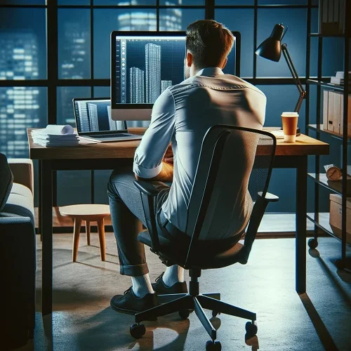 A man hunched over while working in an office