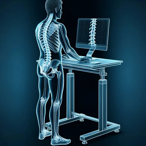 An X-ray style illustration of a man working on a standing desk