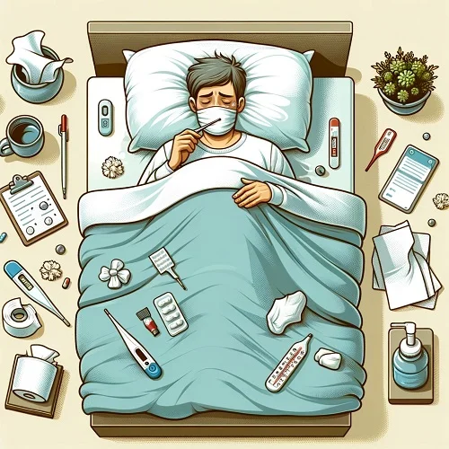 An illustration of a person sick with the flu, lying in bed