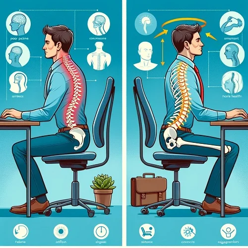 An illustration showing the consequences of office jobs on the spine and overall health